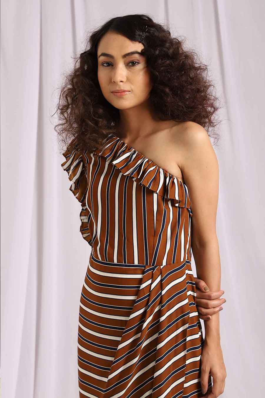 Brown Striped One Shoulder Drape Dress