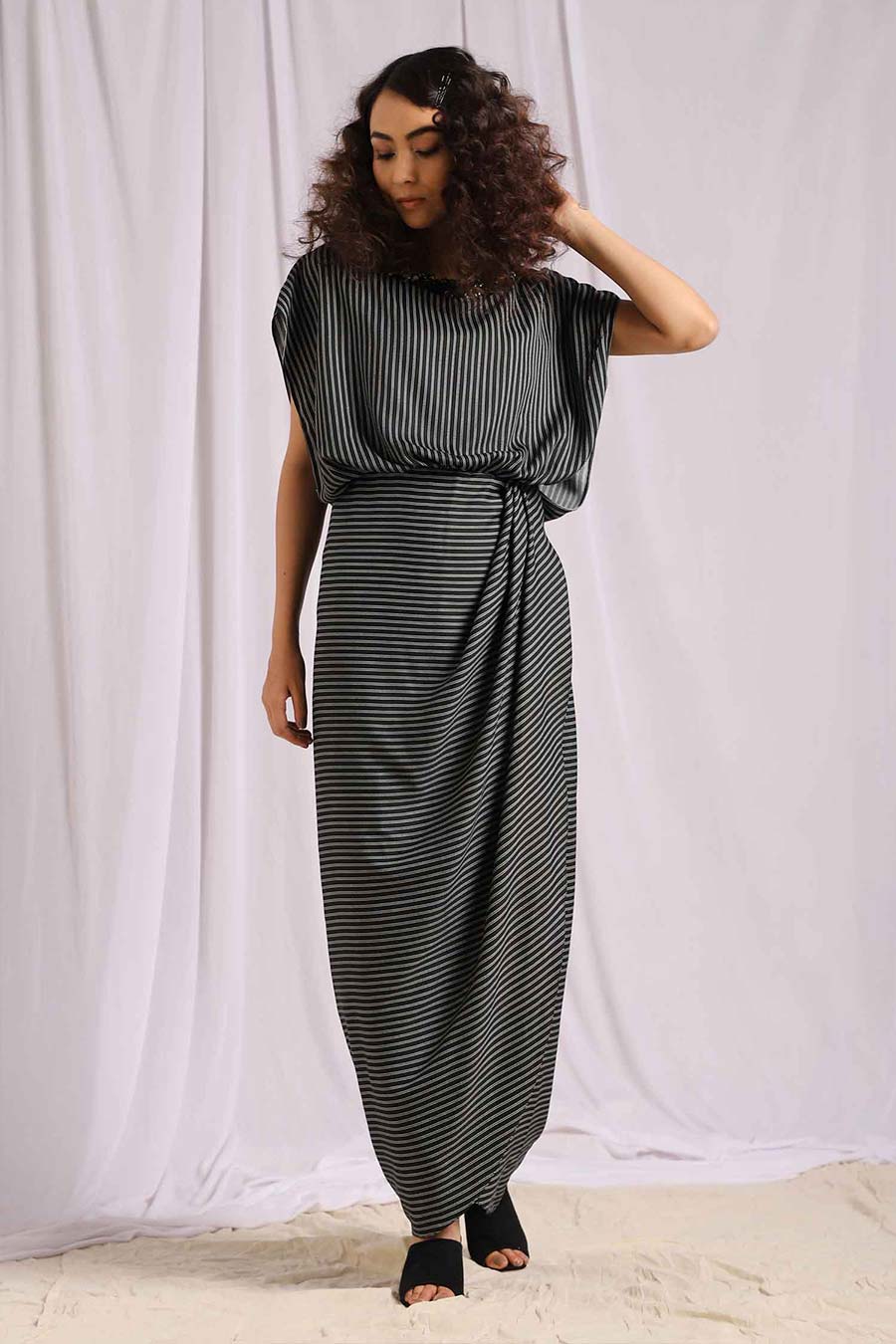 Black Pin Stripes Drape Dress