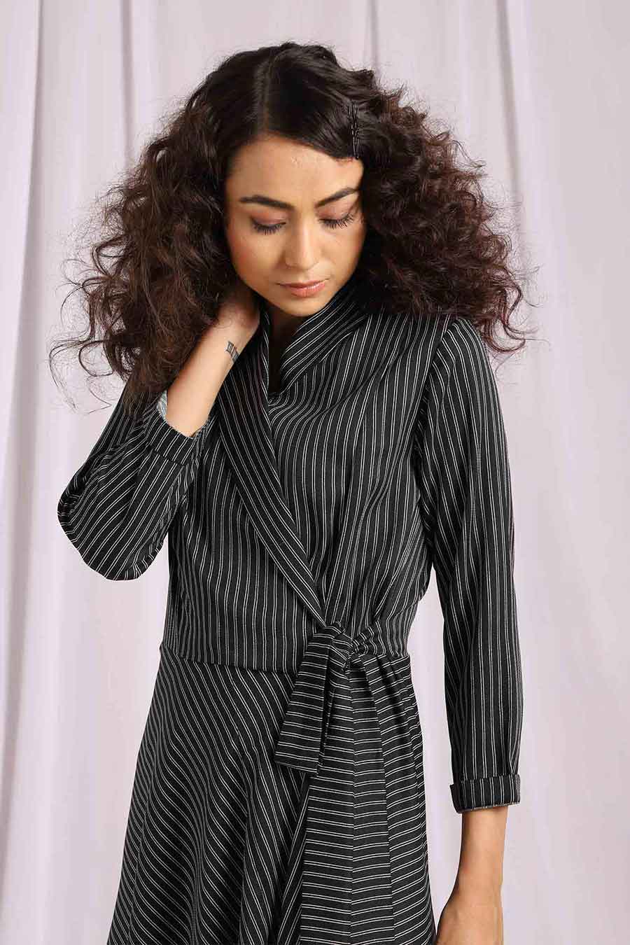 Black Pin Stripes Vintage Wrap Dress