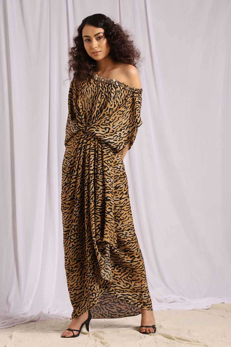 Leopard Print One Shoulder Sequins Drape Dress