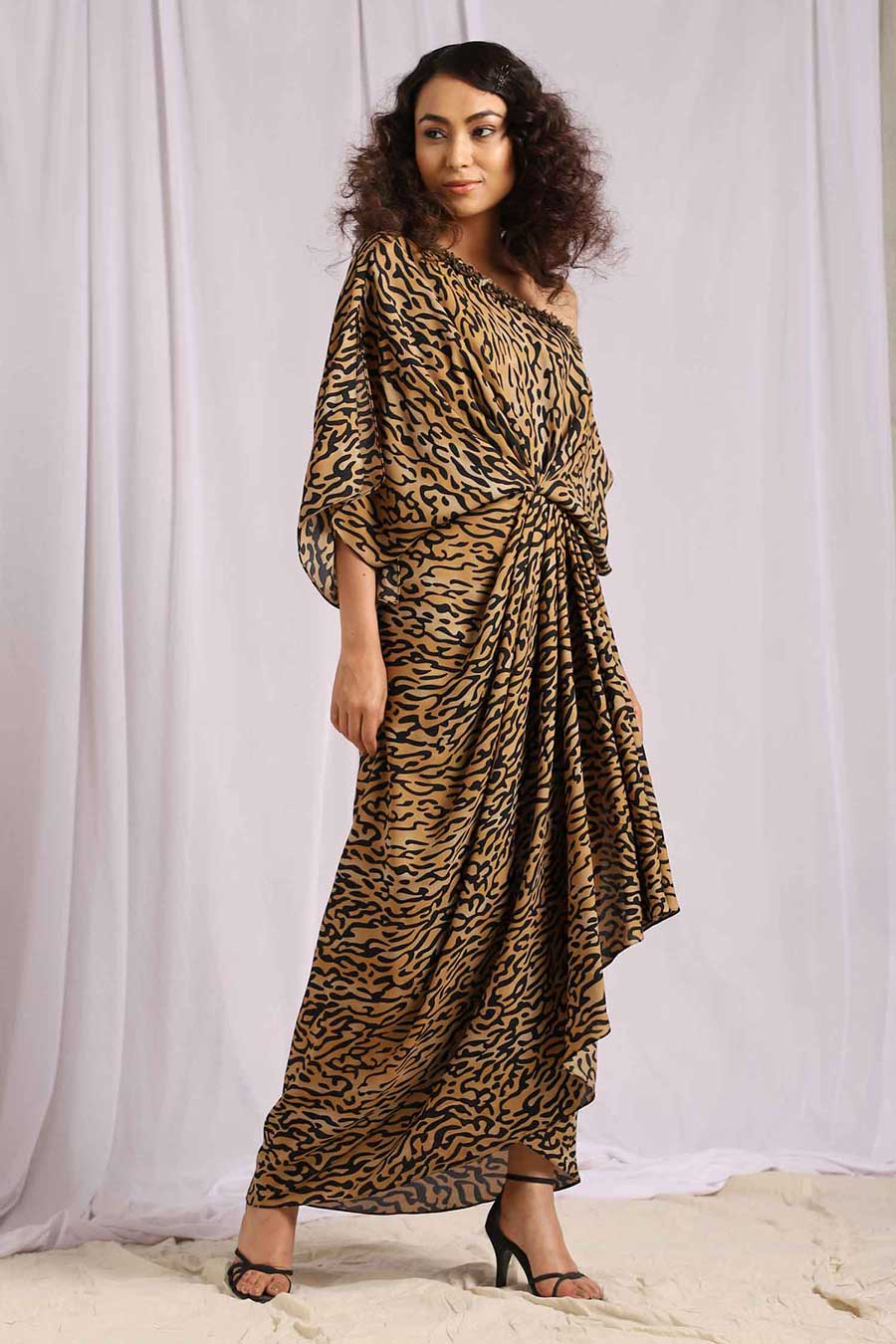 Leopard Print One Shoulder Sequins Drape Dress