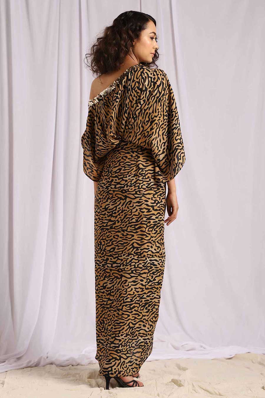 Leopard Print One Shoulder Sequins Drape Dress