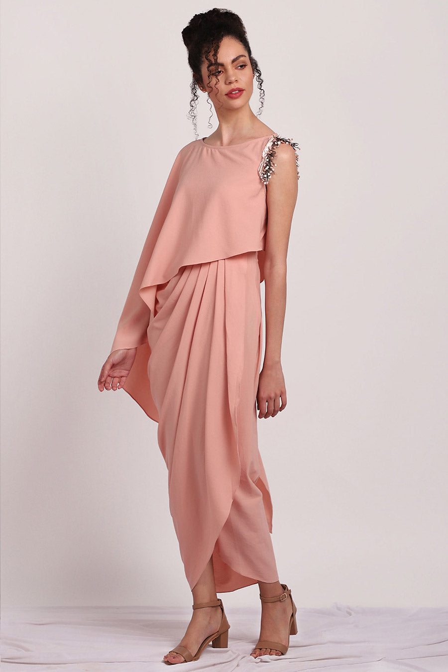 Peach A-Symmetric Metallic Drape Dress
