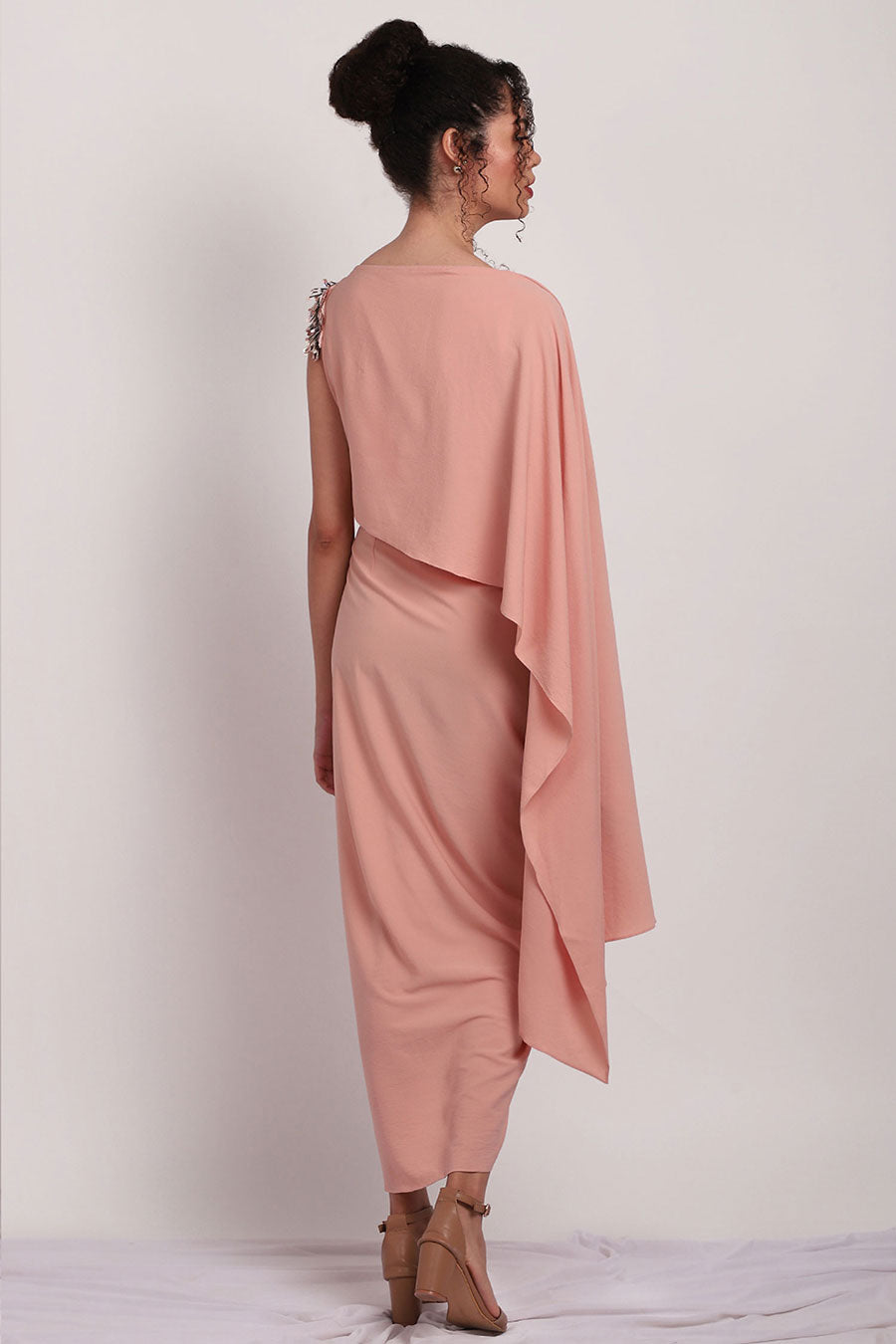 Peach A-Symmetric Metallic Drape Dress