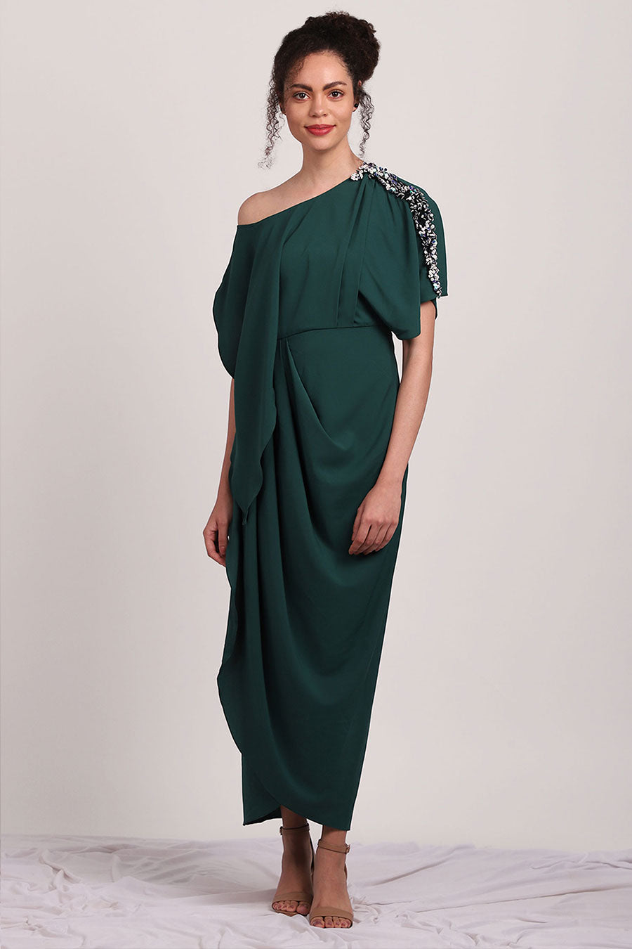 Metallic Fringe Green Drape Dress