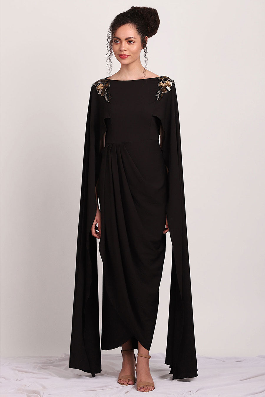 Metallic Floral Black Drape Dress