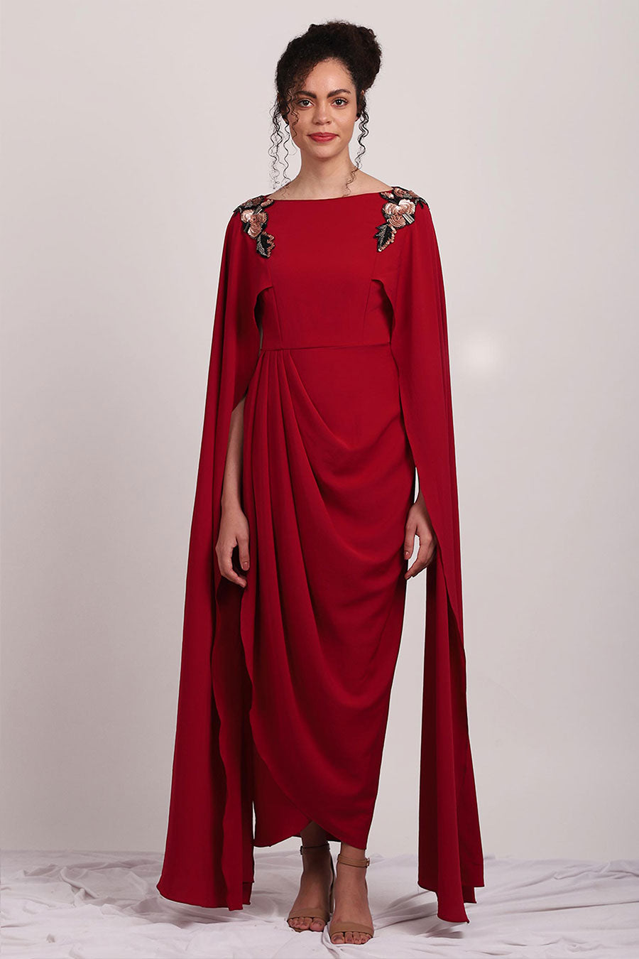Metallic Floral Red Drape Dress