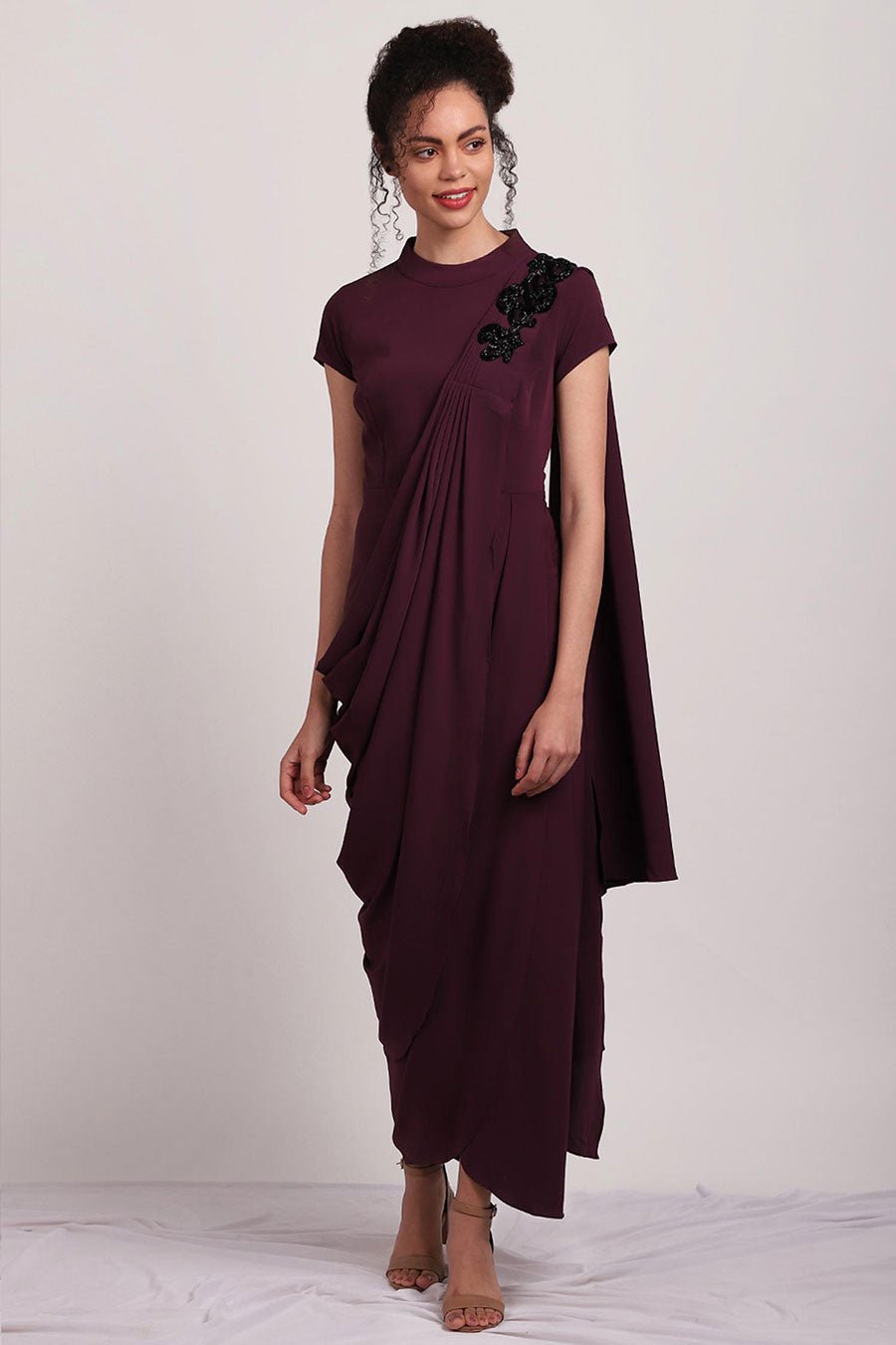 Deep Mauve Pleated Saree Dress