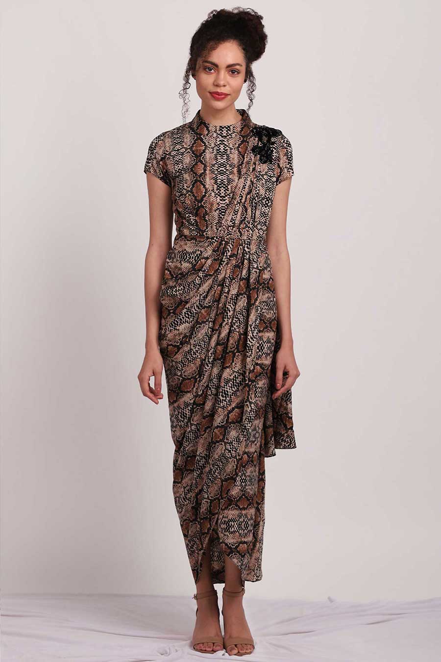 Snake Print Pleated Saree Dress
