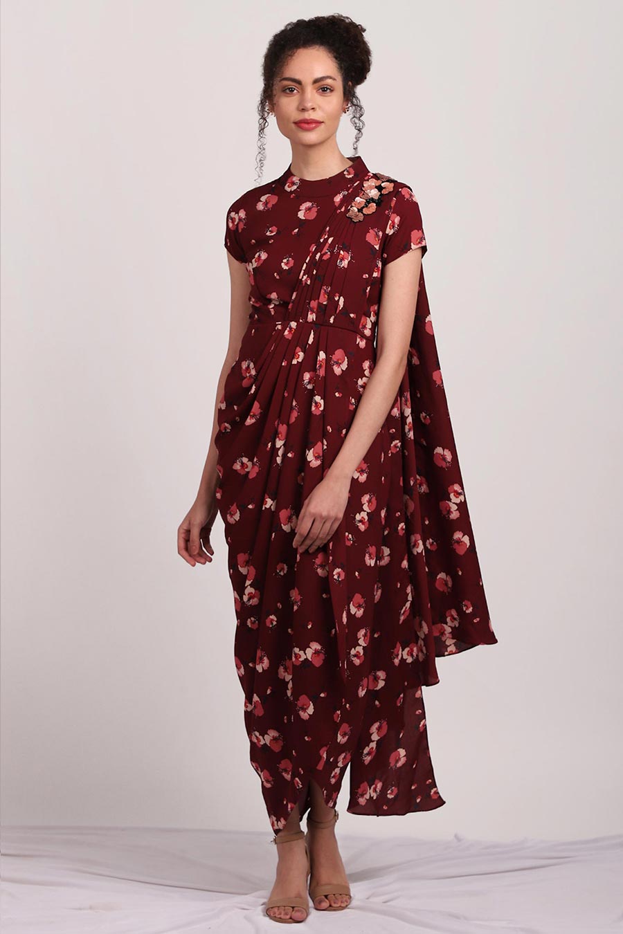 Floral Printed Pleated Saree Dress