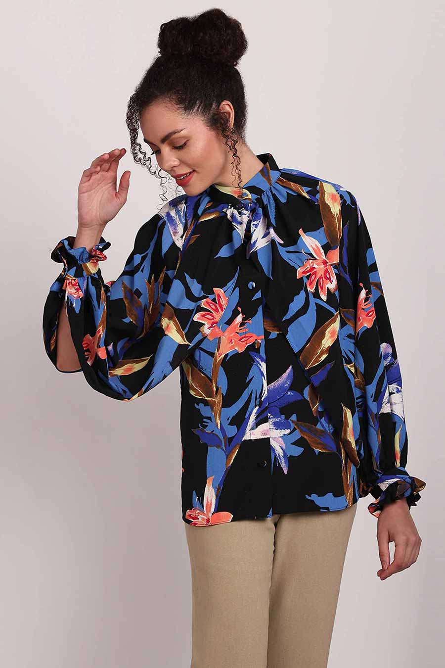 Tropical Print Sleeve Drape Shirt