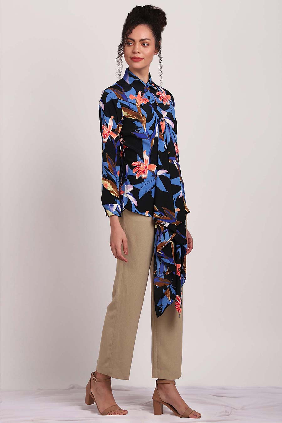Tropical Print Scarf Drape Shirt