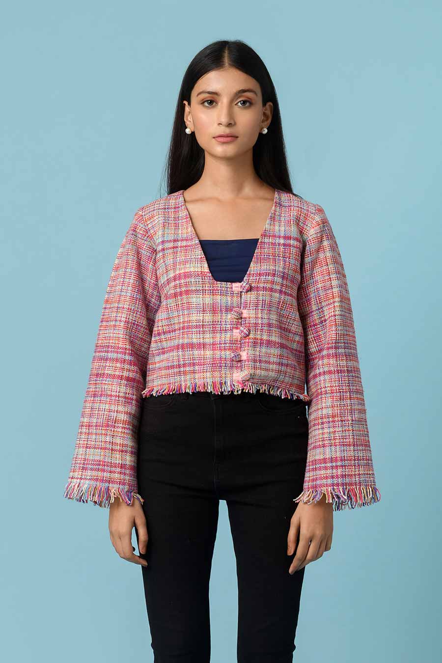 Bianca Pink Handwoven Fringed Jacket