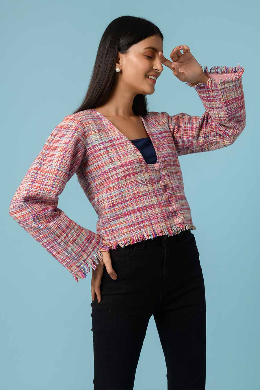 Bianca Pink Handwoven Fringed Jacket