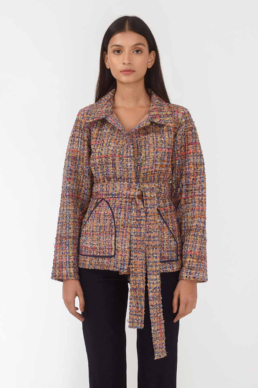 Harper Brown Handwoven Jacket With Belt