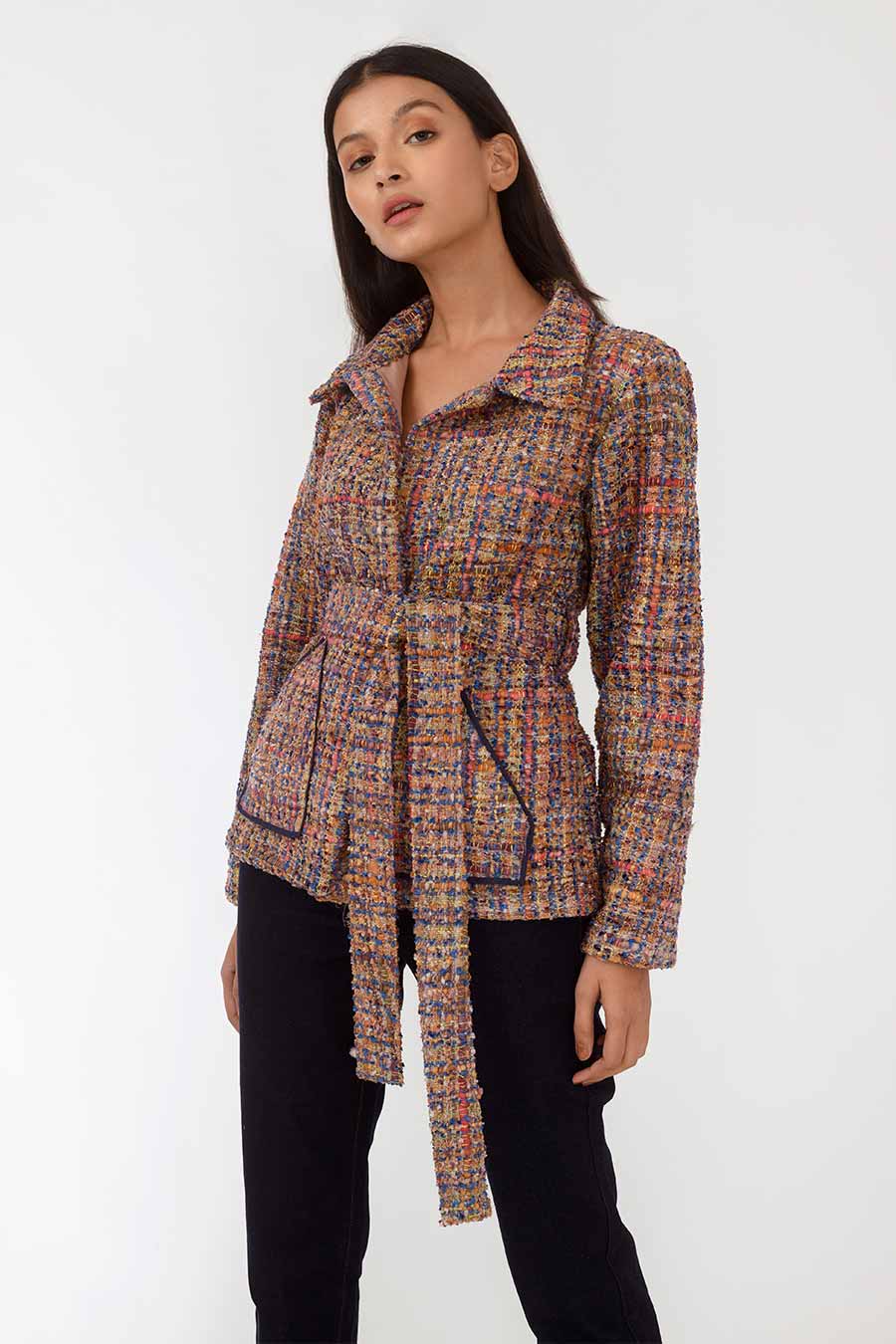 Harper Brown Handwoven Jacket With Belt