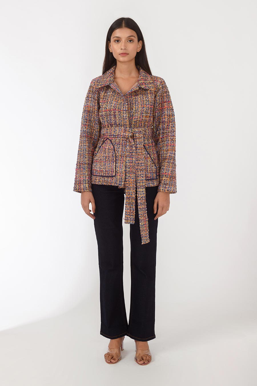 Harper Brown Handwoven Jacket With Belt