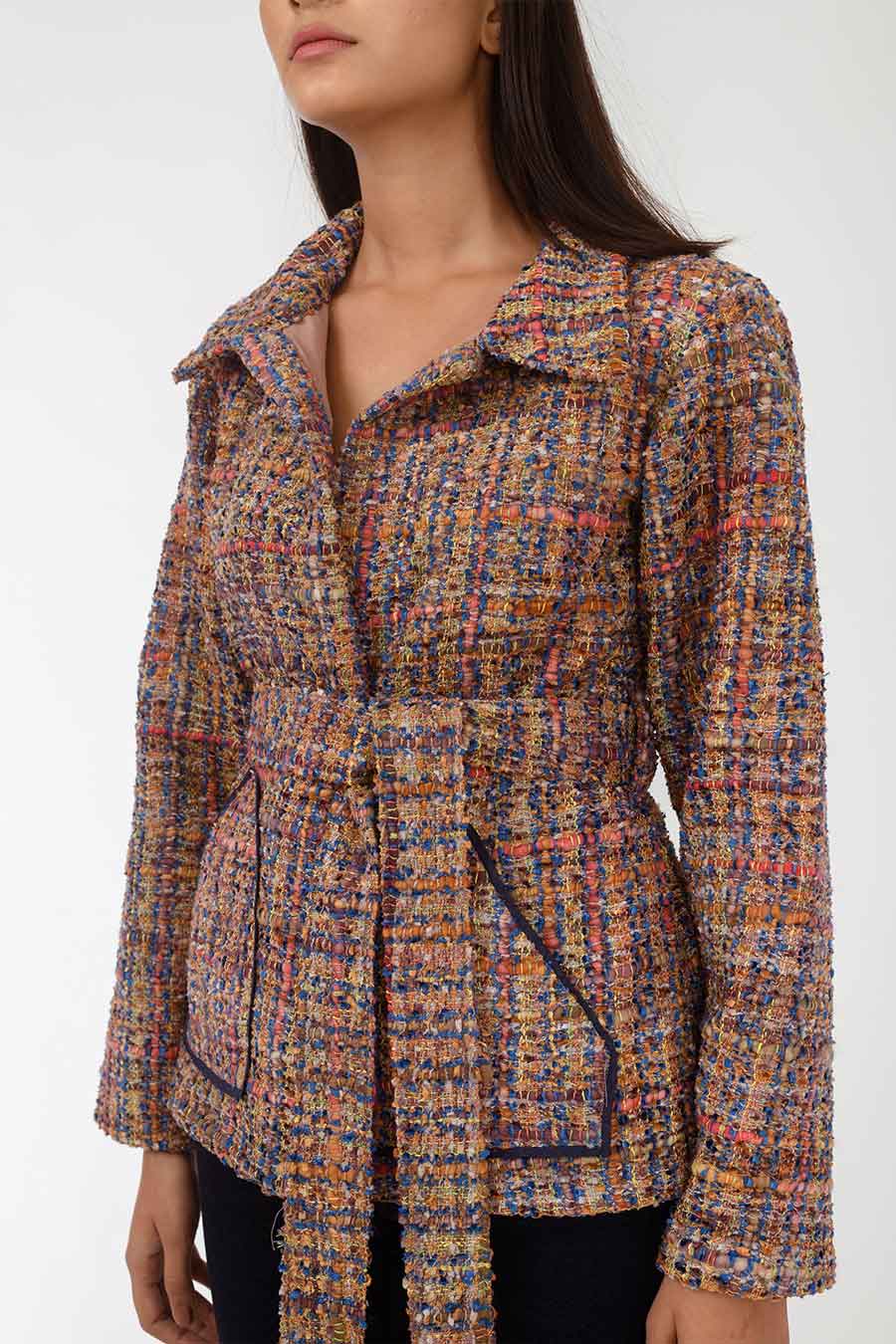 Harper Brown Handwoven Jacket With Belt