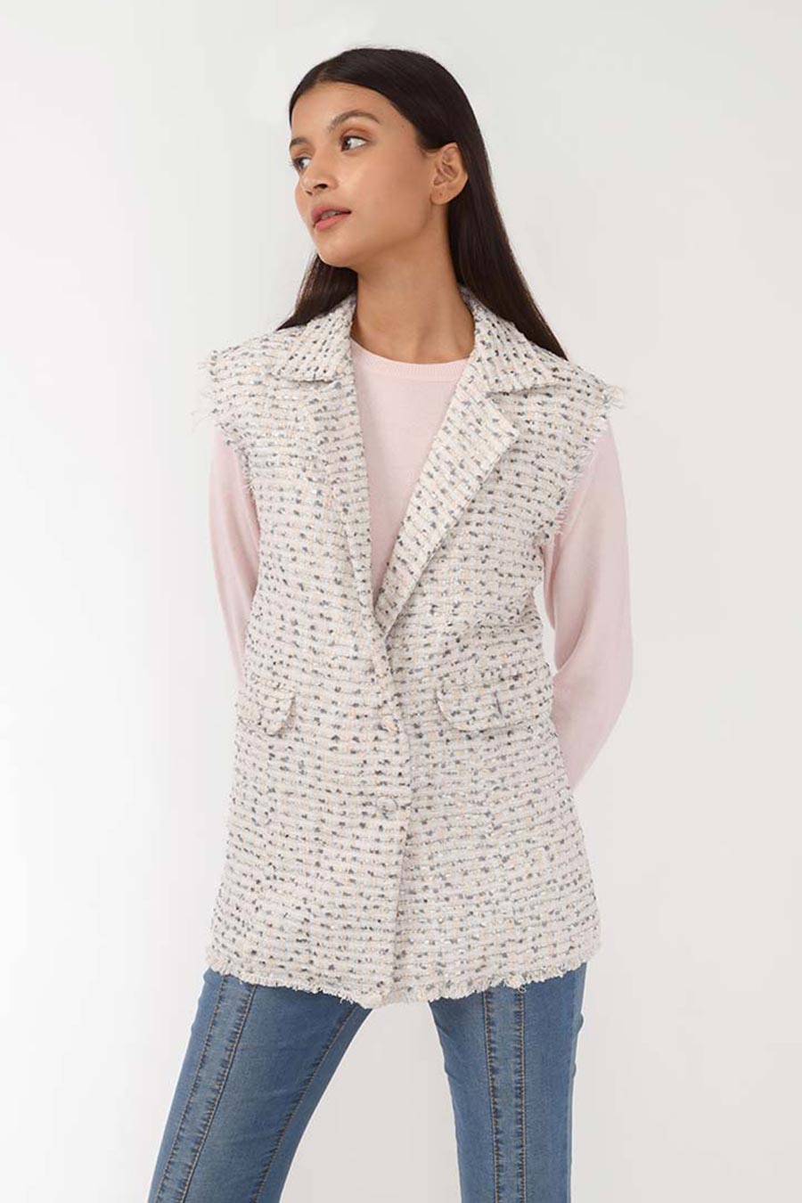 Aurora White Handwoven Sleeveless Jacket