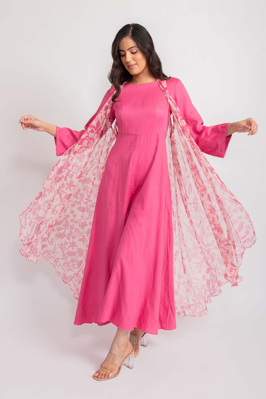 Rossa Pink Silk Jumpsuit & Chiffon Cape Set