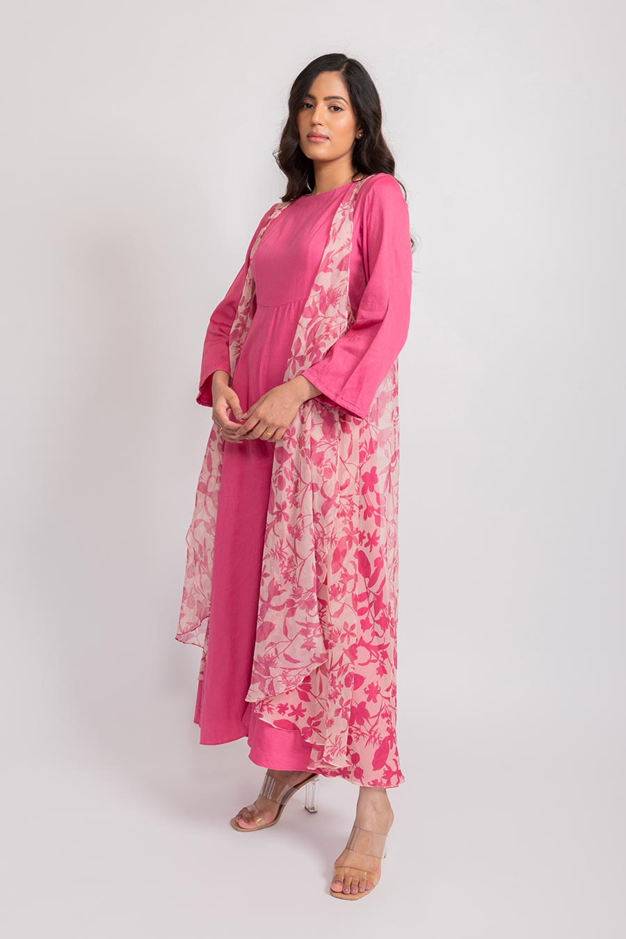 Rossa Pink Silk Jumpsuit & Chiffon Cape Set