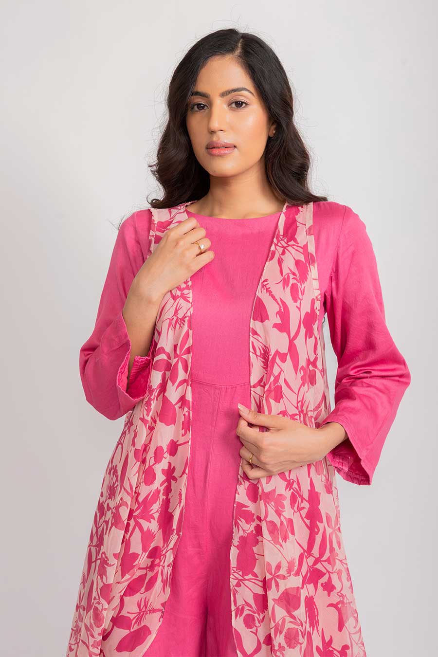 Rossa Pink Silk Jumpsuit & Chiffon Cape Set