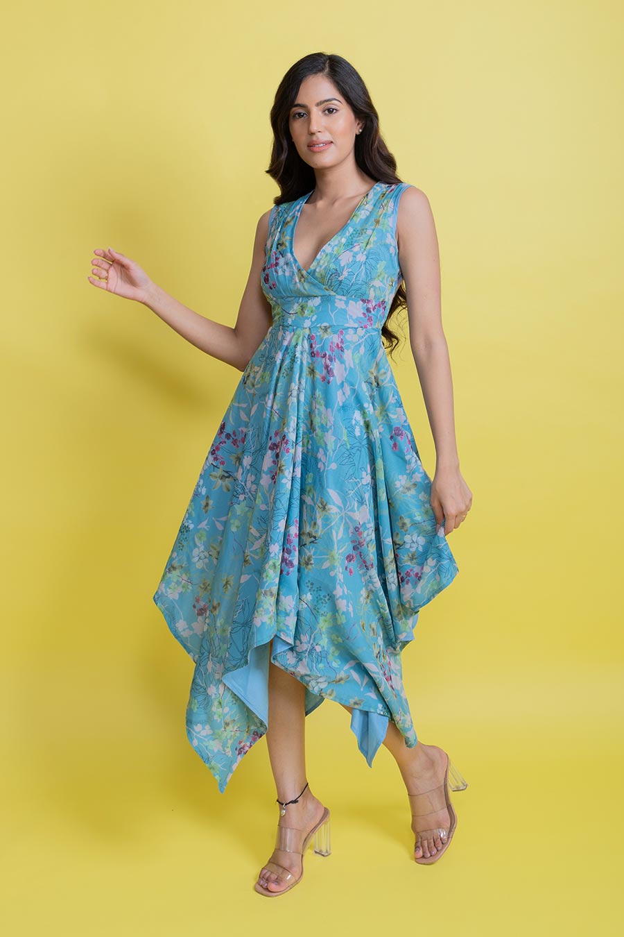 Celile Blue Chiffon Handkerchief Dress