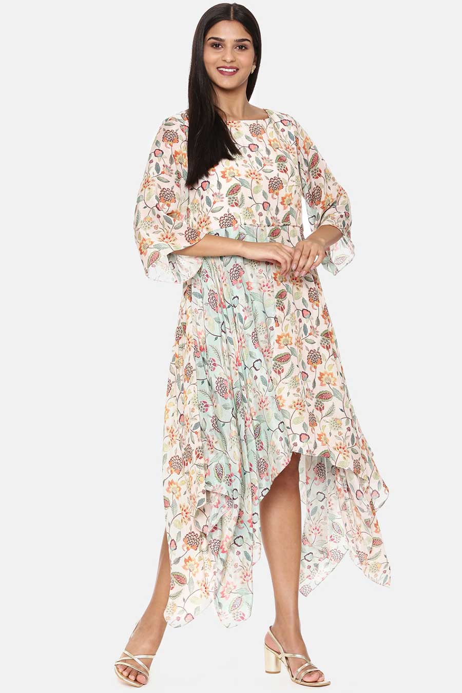 White Floral Print Muslin Dress