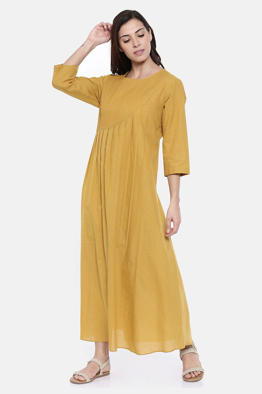Mustard Pintuck Cotton Dress