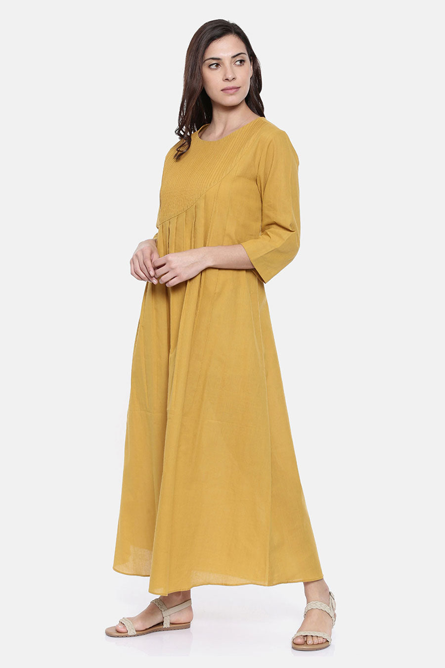 Mustard Pintuck Cotton Dress