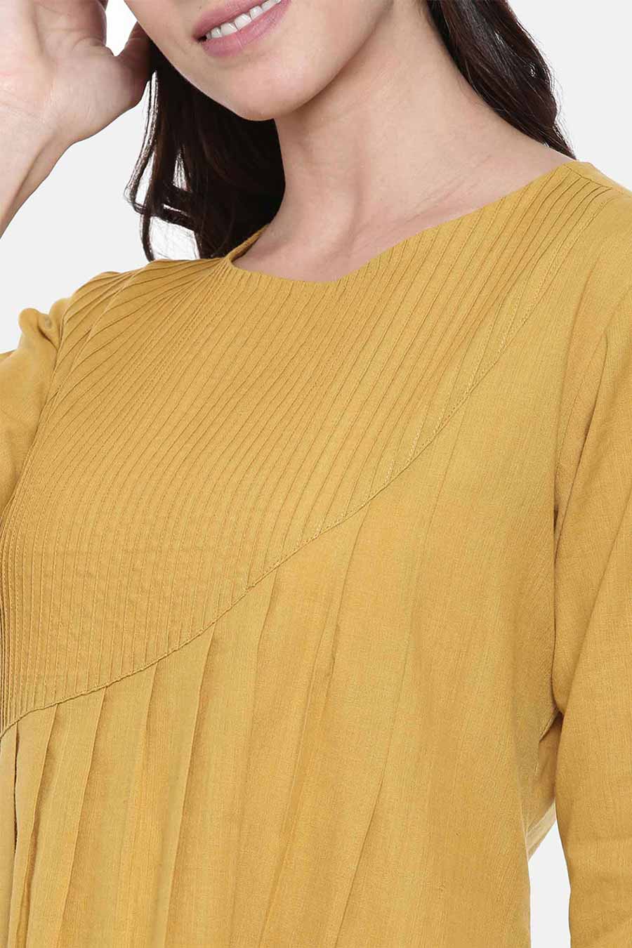 Mustard Pintuck Cotton Dress