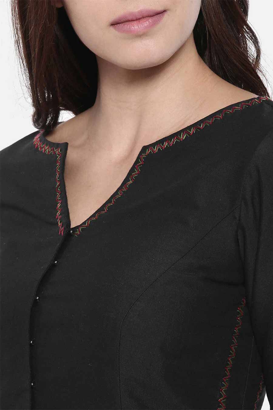 Black Embroidered Cotton Silk Blouse