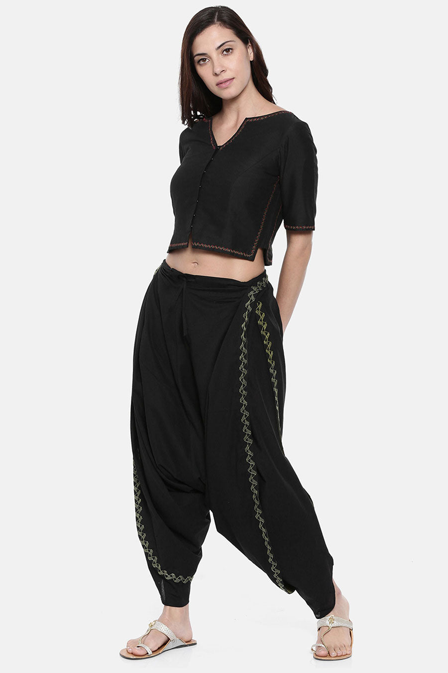 Black Embroidered Cotton Dhoti Pants