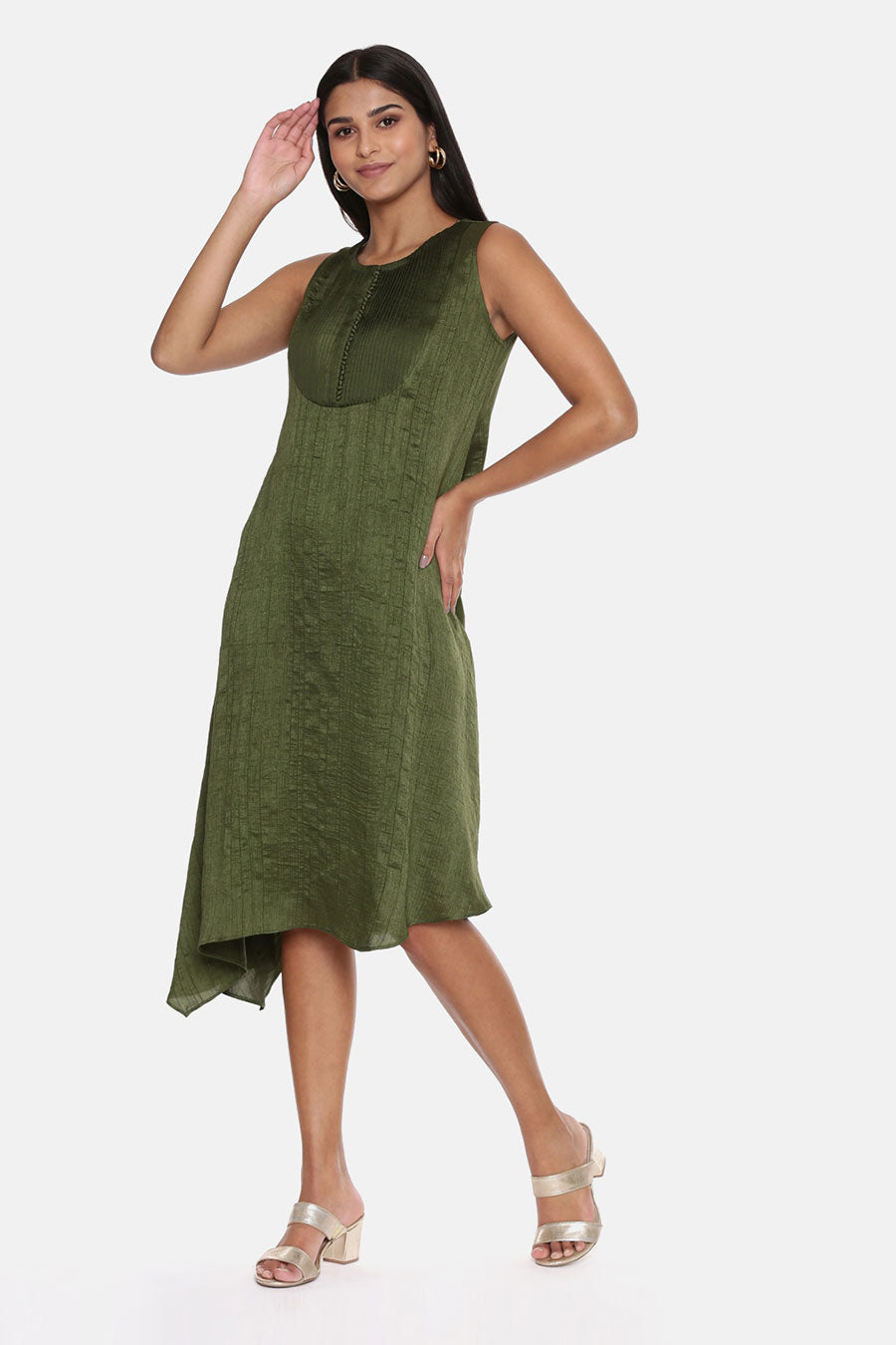 Green Slub Silk Pleated Dress