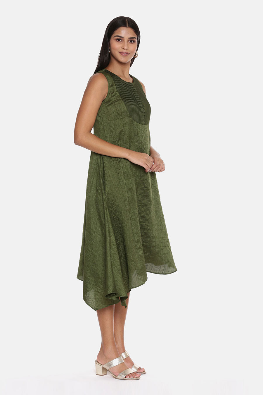 Green Slub Silk Pleated Dress