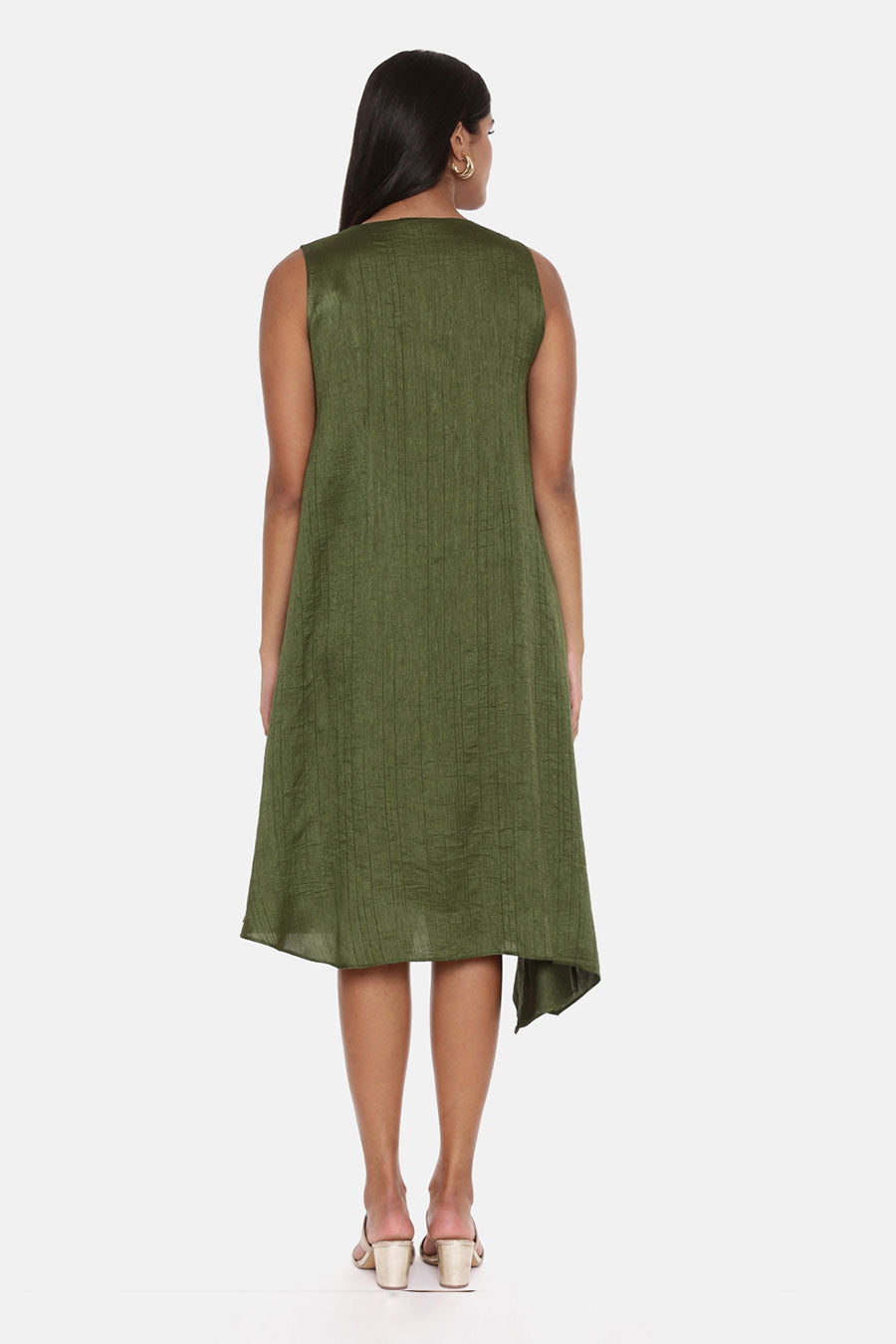 Green Slub Silk Pleated Dress