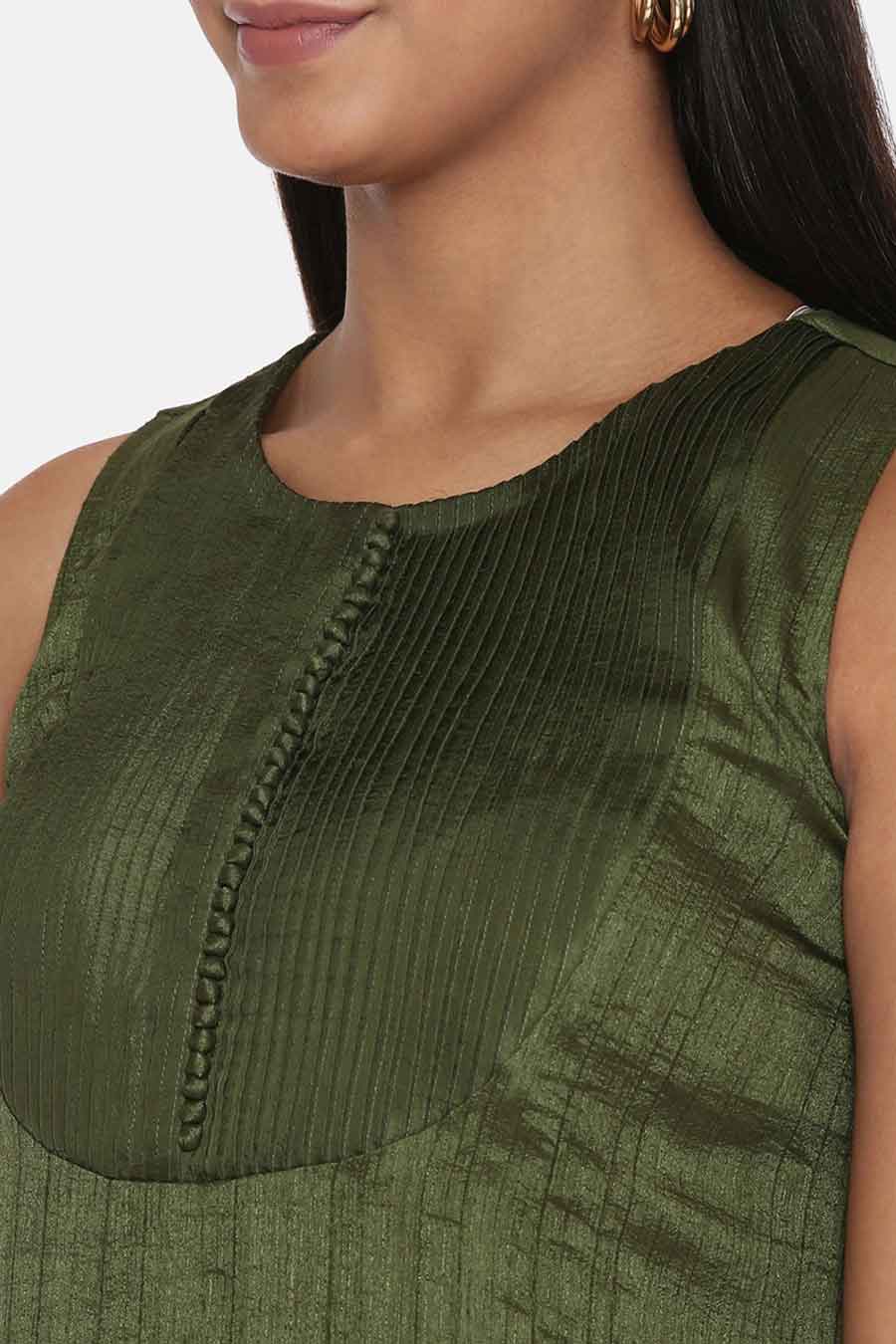 Green Slub Silk Pleated Dress