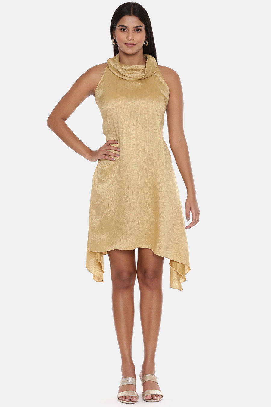 Beige Cowl Neck Silk Short Dress