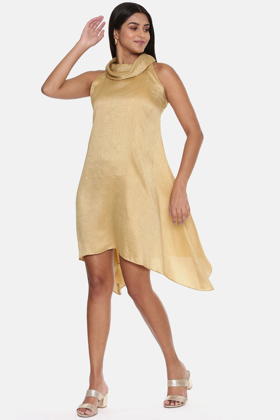 Beige Cowl Neck Silk Short Dress