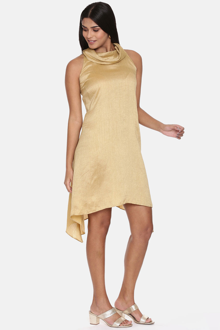Beige Cowl Neck Silk Short Dress