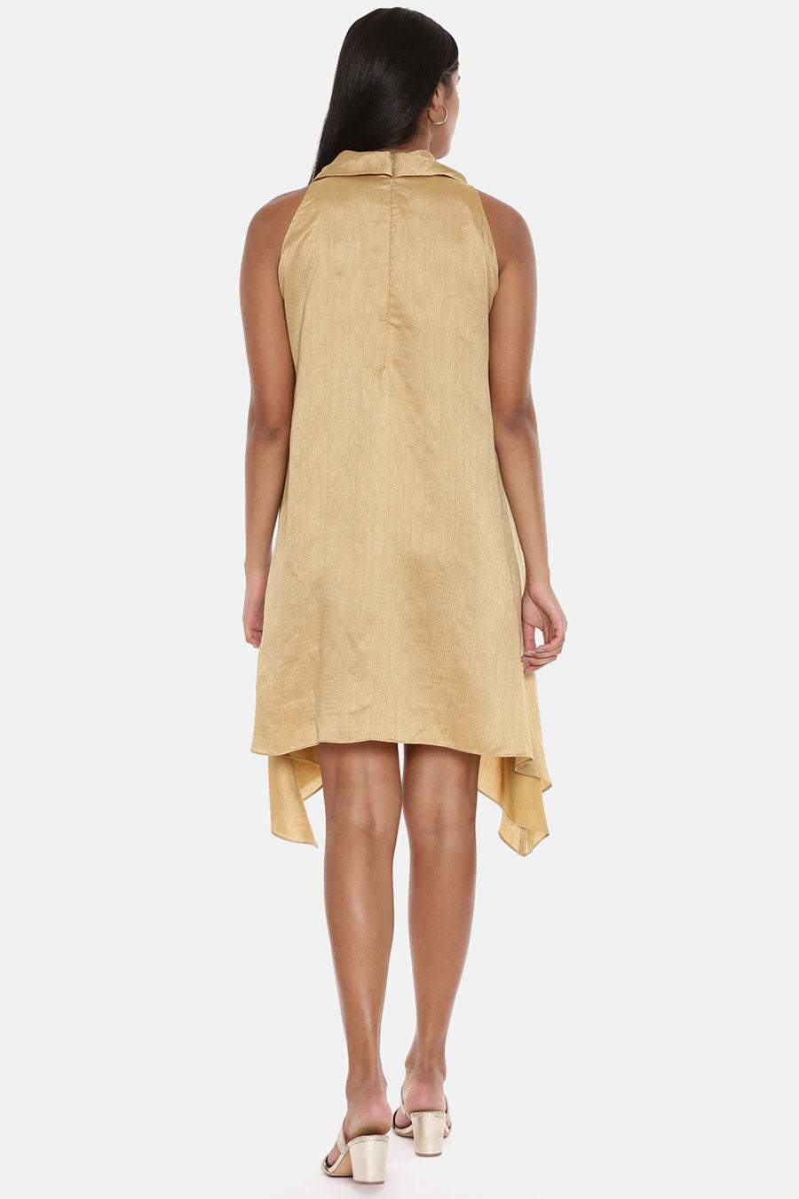 Beige Cowl Neck Silk Short Dress