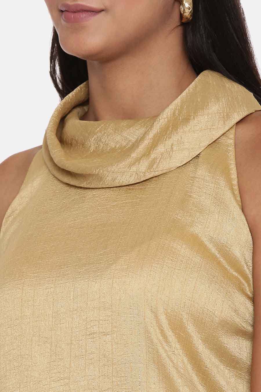 Beige Cowl Neck Silk Short Dress