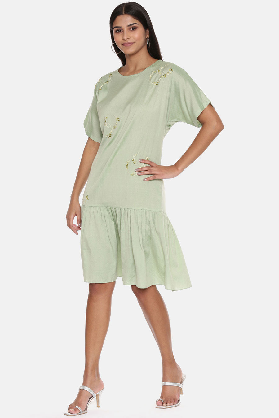 Green Cotton Silk Embroidered Dress