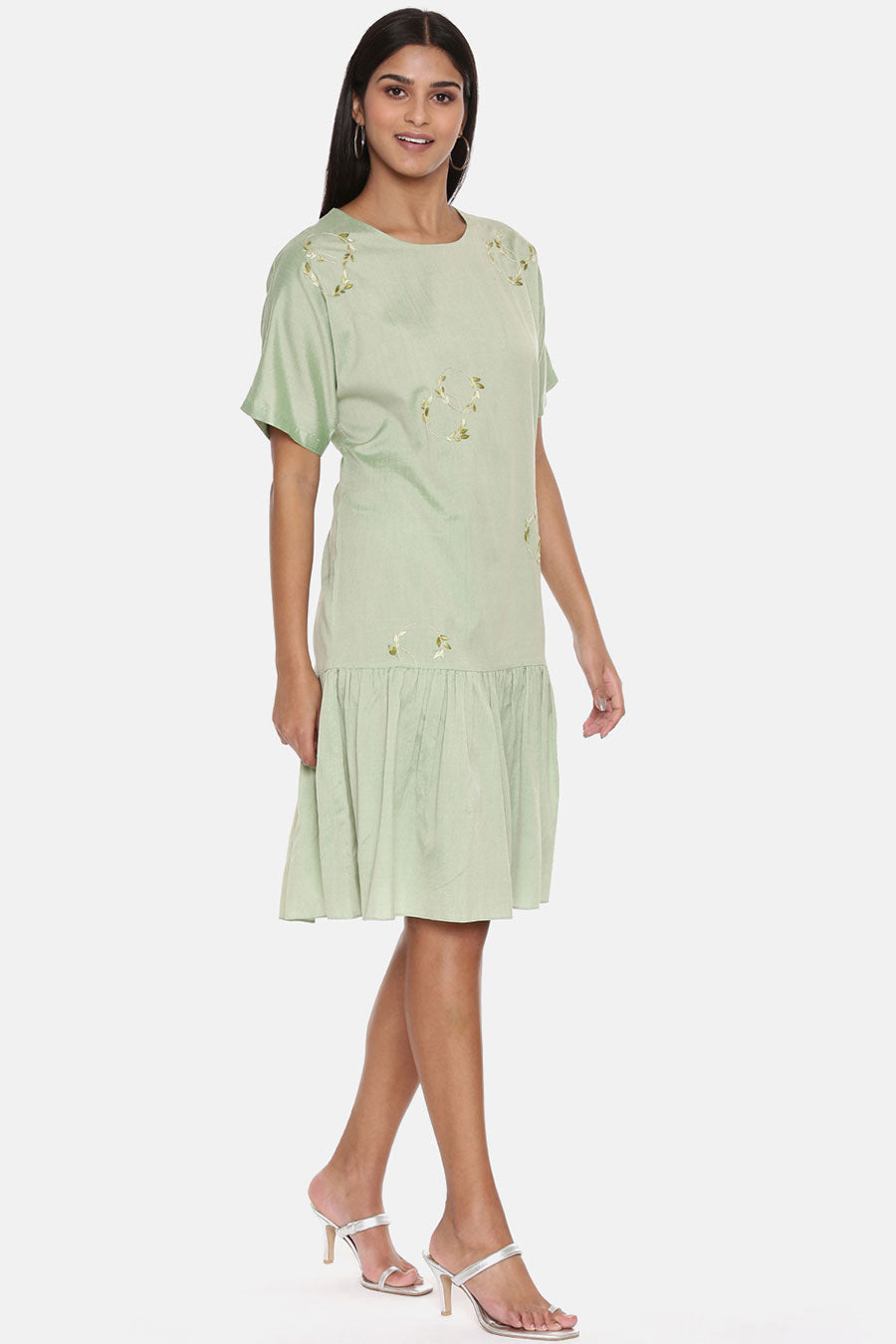 Green Cotton Silk Embroidered Dress
