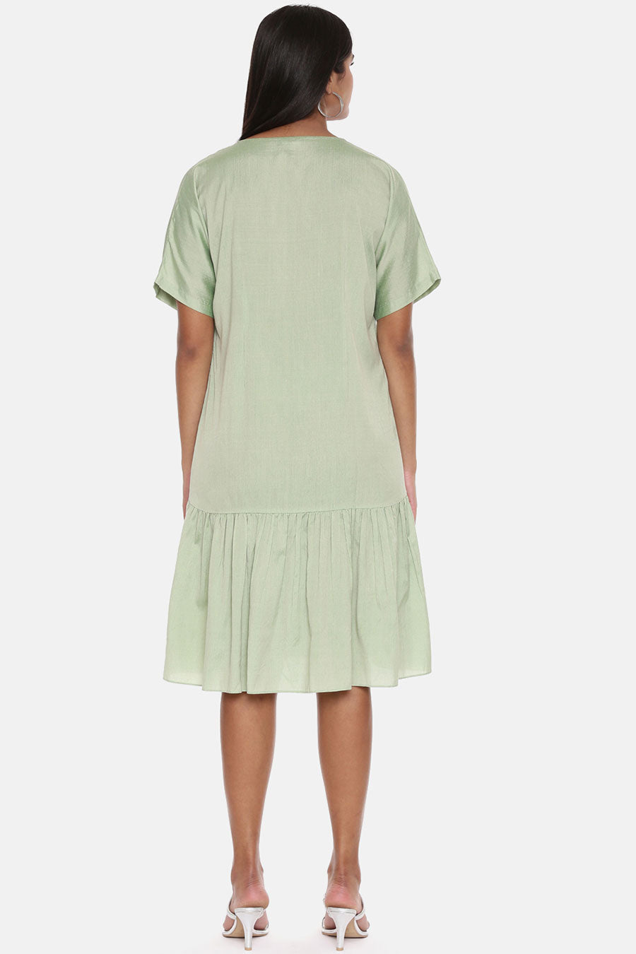 Green Cotton Silk Embroidered Dress