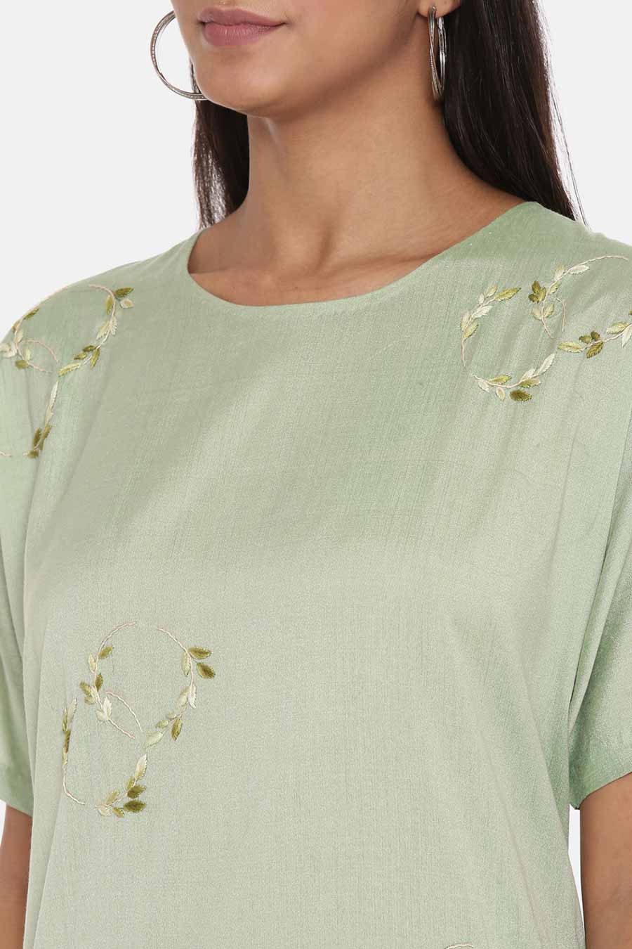 Green Cotton Silk Embroidered Dress