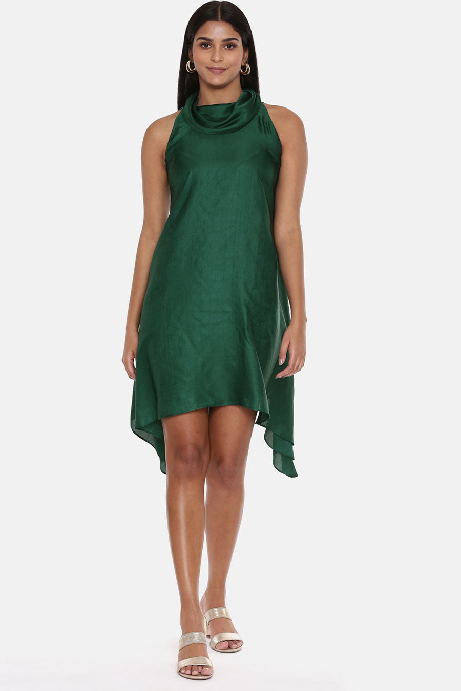 Green Cowl Neck Silk Short Dress