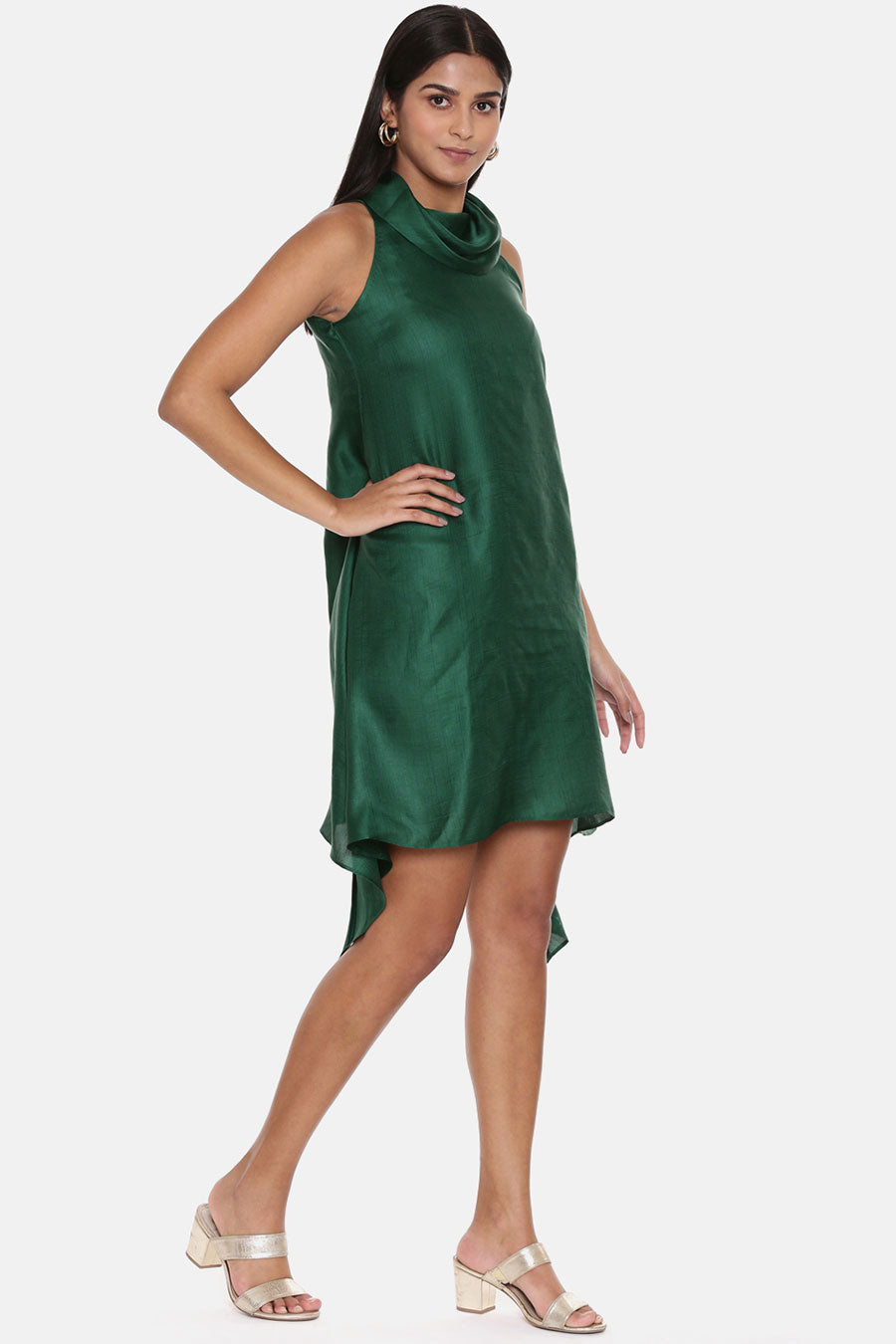 Green Cowl Neck Silk Short Dress
