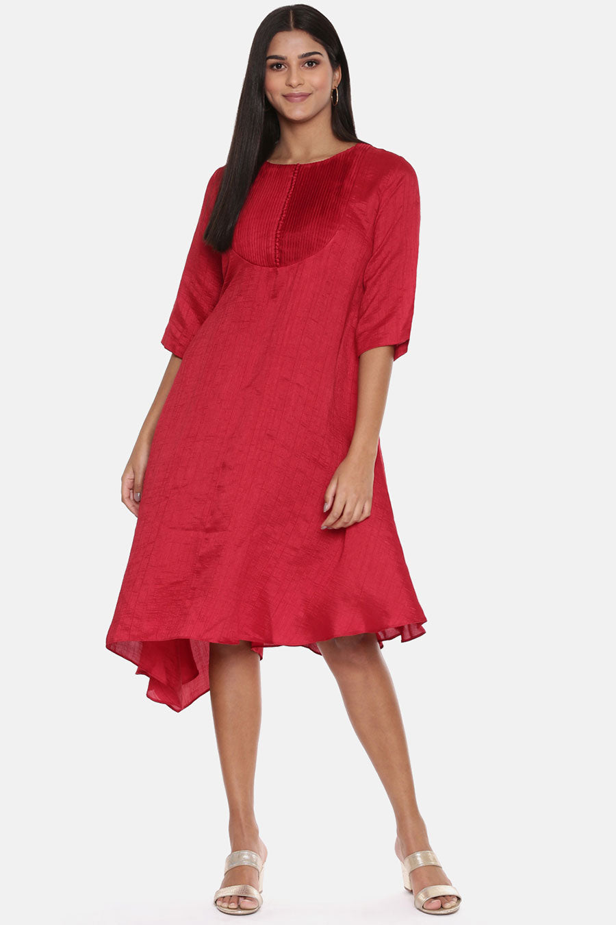 Red Slub Silk Pleated Dress