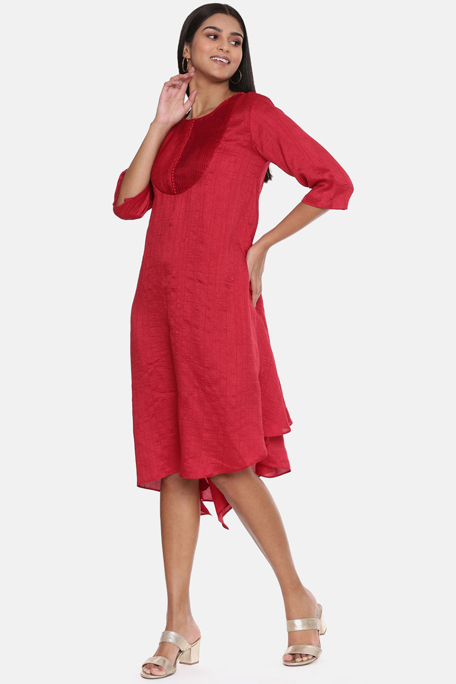 Red Slub Silk Pleated Dress